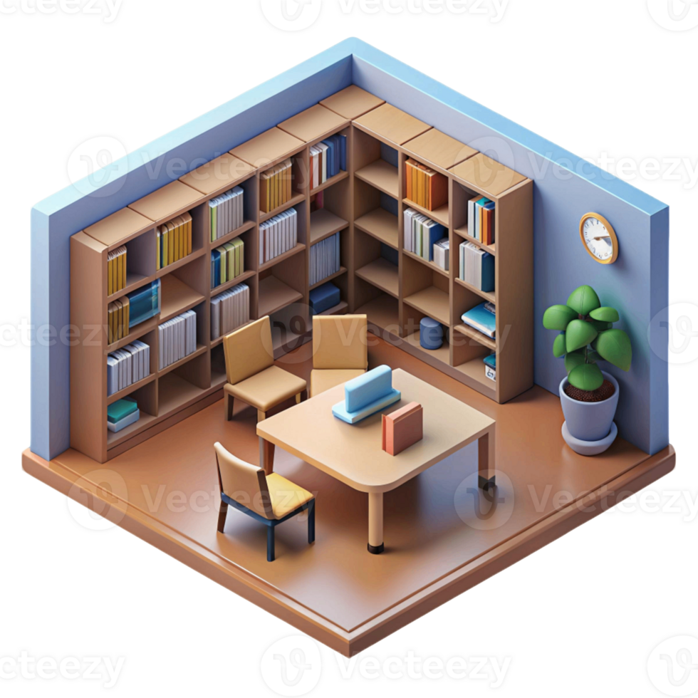 3d isometric interior design of library room png
