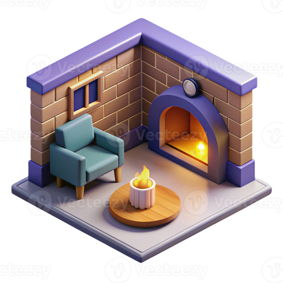3d isometric interior design of fireplace room png