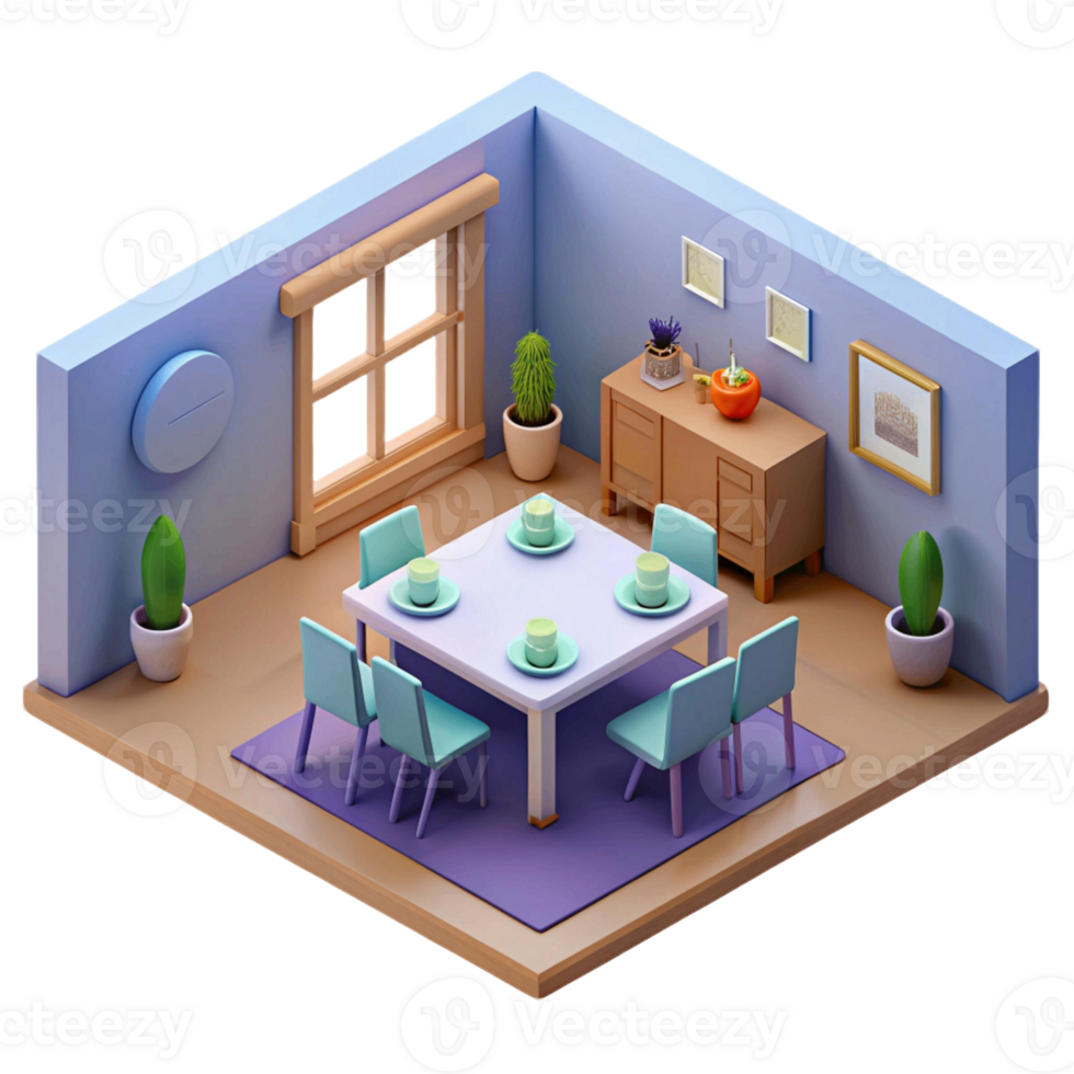3d isométrica interior diseño de comida habitación png