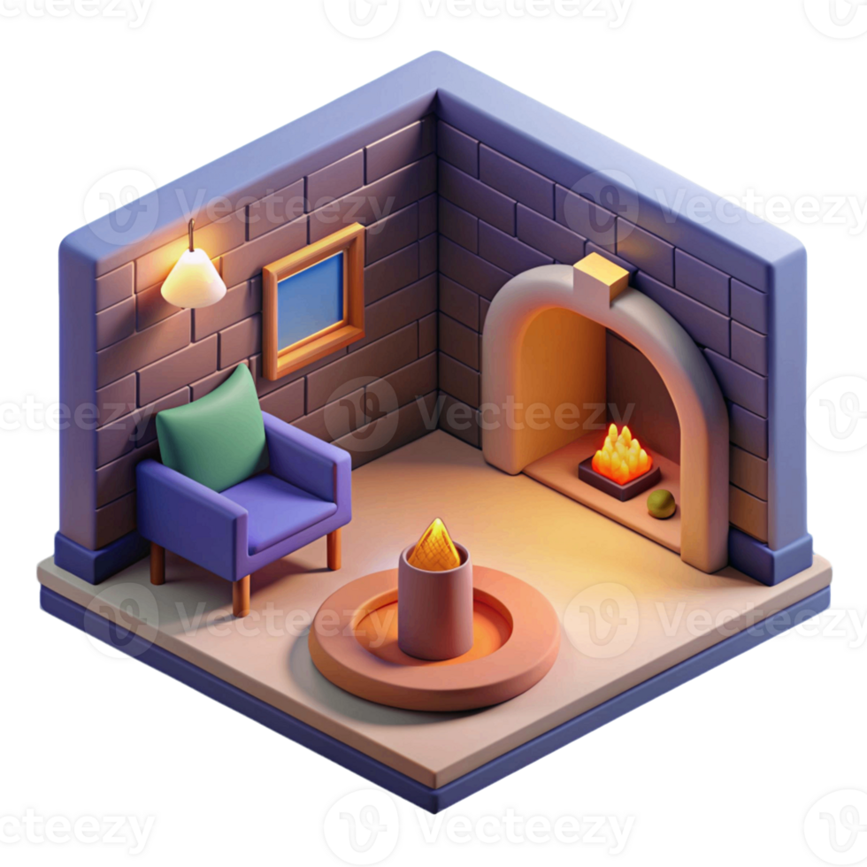 3d isometric interior design of fireplace room png