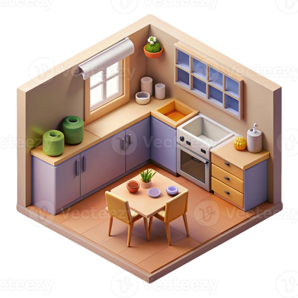 3d isometric interior design of kitchen png