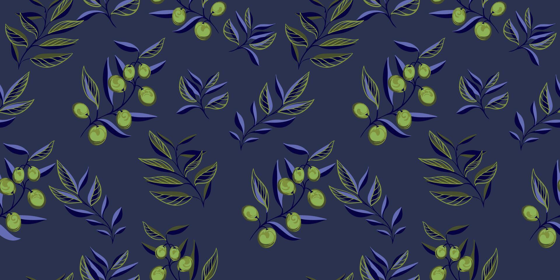 Creative branches with tiny leaves, shapes olives berries seamless pattern. Abstract leaf stem printing on a dark blue background. hand drawn. Template for designs, textile, fabric vector