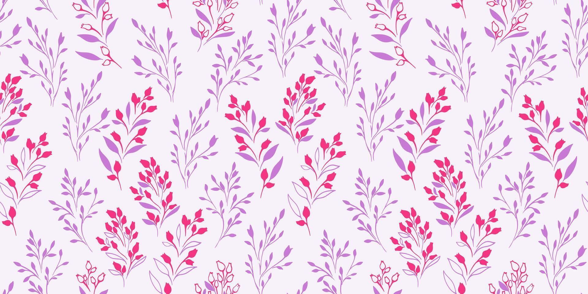 Abstract violet small branches leaves and tiny flowers buds seamless pattern on a light background. Simple creative purple floral stems print. hand drawn sketch. Template for designs, fabric vector