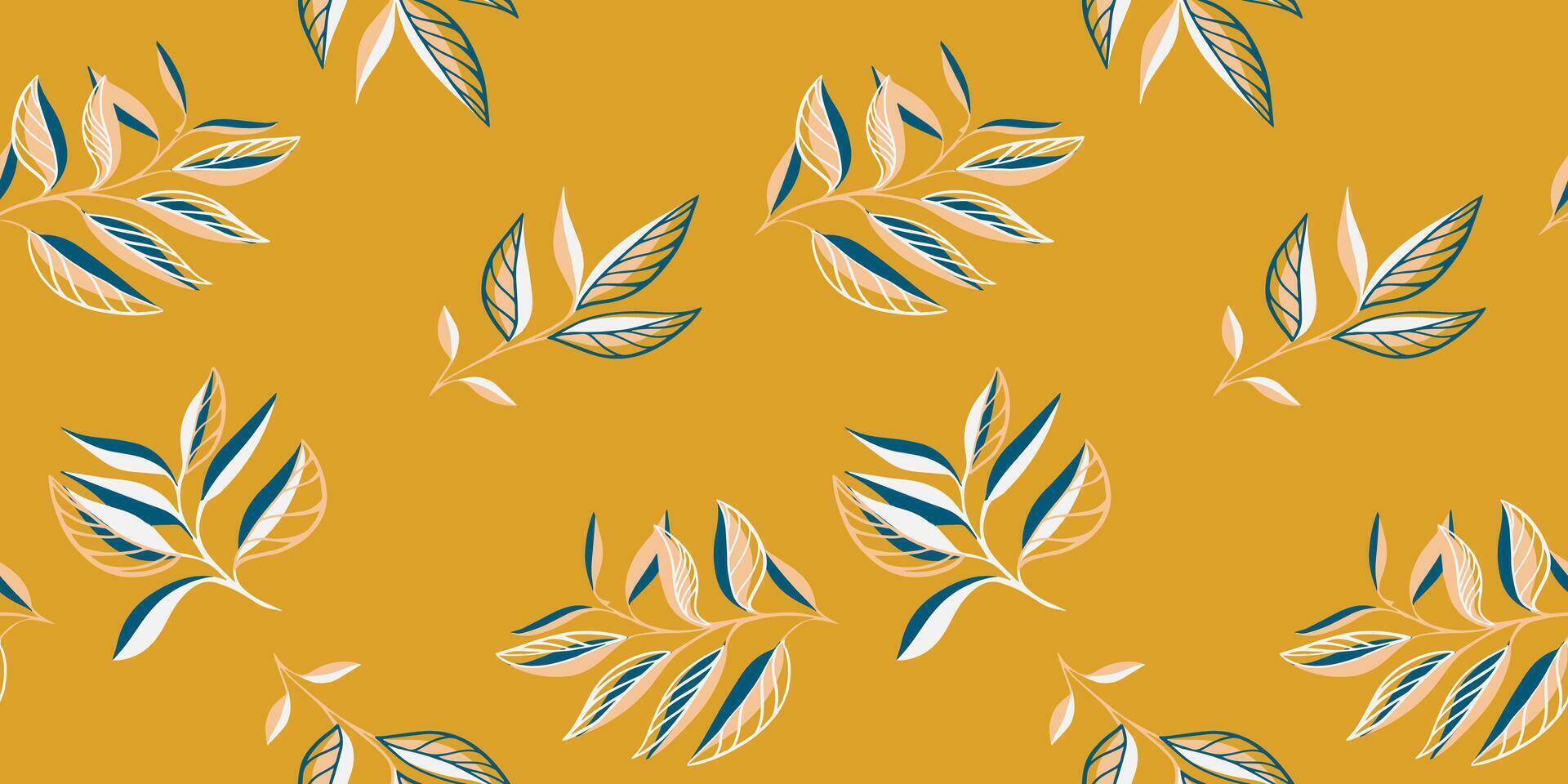 vistoso minimalista, resumen sin costura modelo con minúsculo ramas creativo hojas. mano dibujado. sencillo amarillo antecedentes con tropical tallos plantas. collage modelo para diseños, impresión vector