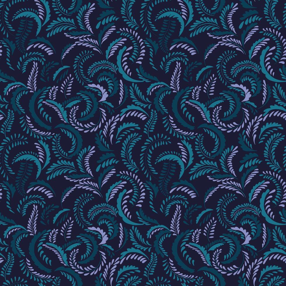 oscuro verde monograma ornamento sin costura modelo. mano dibujado bosquejo. resumen texturizado retorcido tallos ramas con minúsculo puntos, gotas. modelo para diseños, textil, moda, tela, fondo de pantalla vector