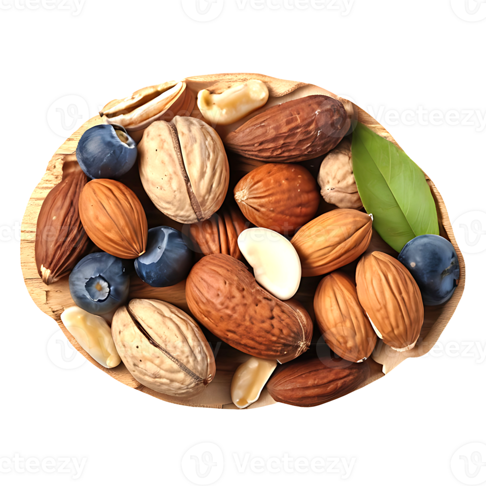 assorted nuts and blueberries on a wooden plate png