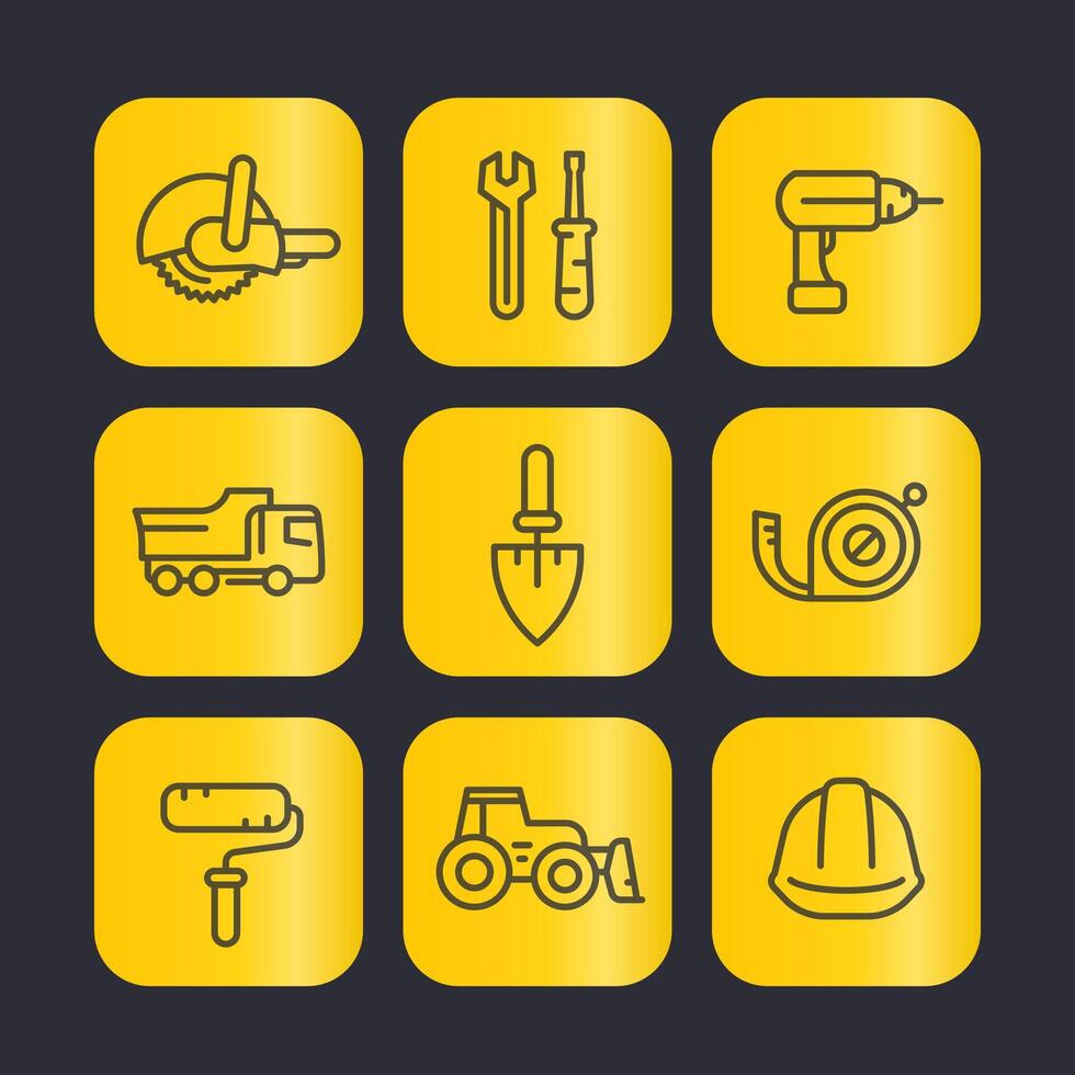 construction tools line icons set, trowel, wrench, drill, saw, paint roller, tape measure, hammer, illustration vector