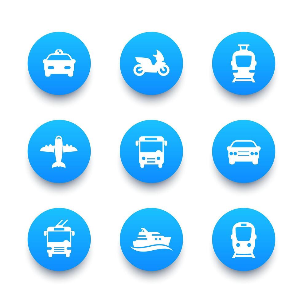 Passenger transport icons set, bus, subway, tram, train, taxi, car, airplane, cab, ship, public transportation signs vector
