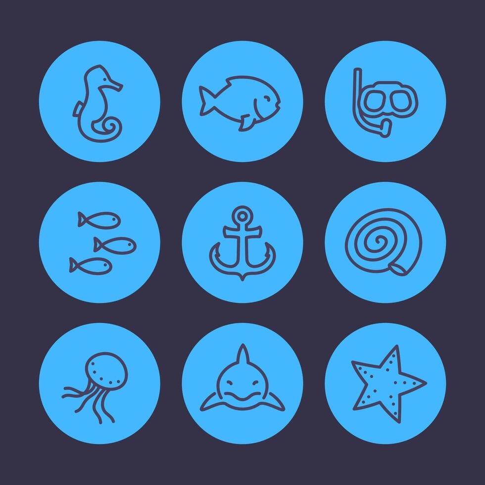 Sea line icons set, shark, fish, shell, medusa, starfish, anchor, diving mask vector
