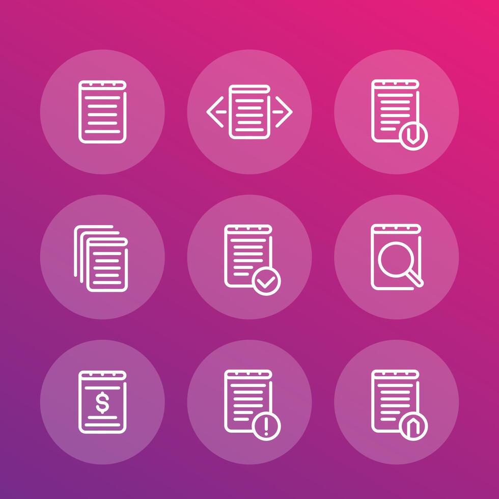 reports, records, documents line icons set vector