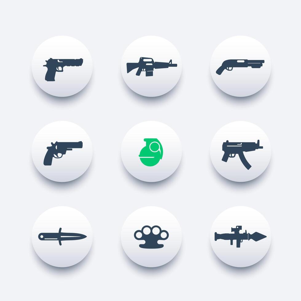 armas íconos colocar, pistola, rifle, revólver, escopeta, granada, metralleta pistola, cuchillo, cohete lanzacohetes, armas de fuego pictogramas vector
