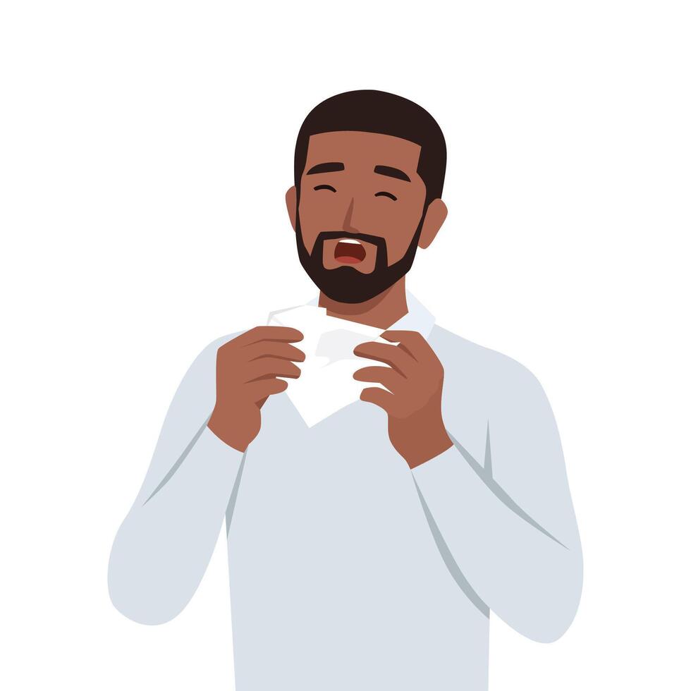 Young man sneezing in handkerchief. Sick man sneeze. vector