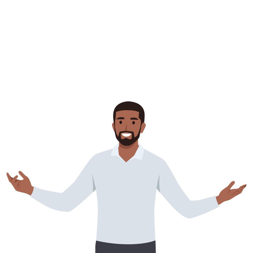 Young successful man confident gesturing welcome sign and smiling while standing. vector