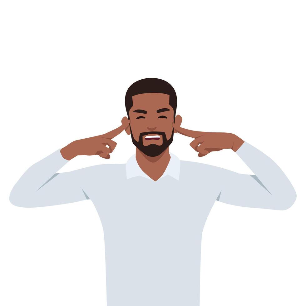 Young man headache concept. Frustrated stressed man suffering from headache. vector
