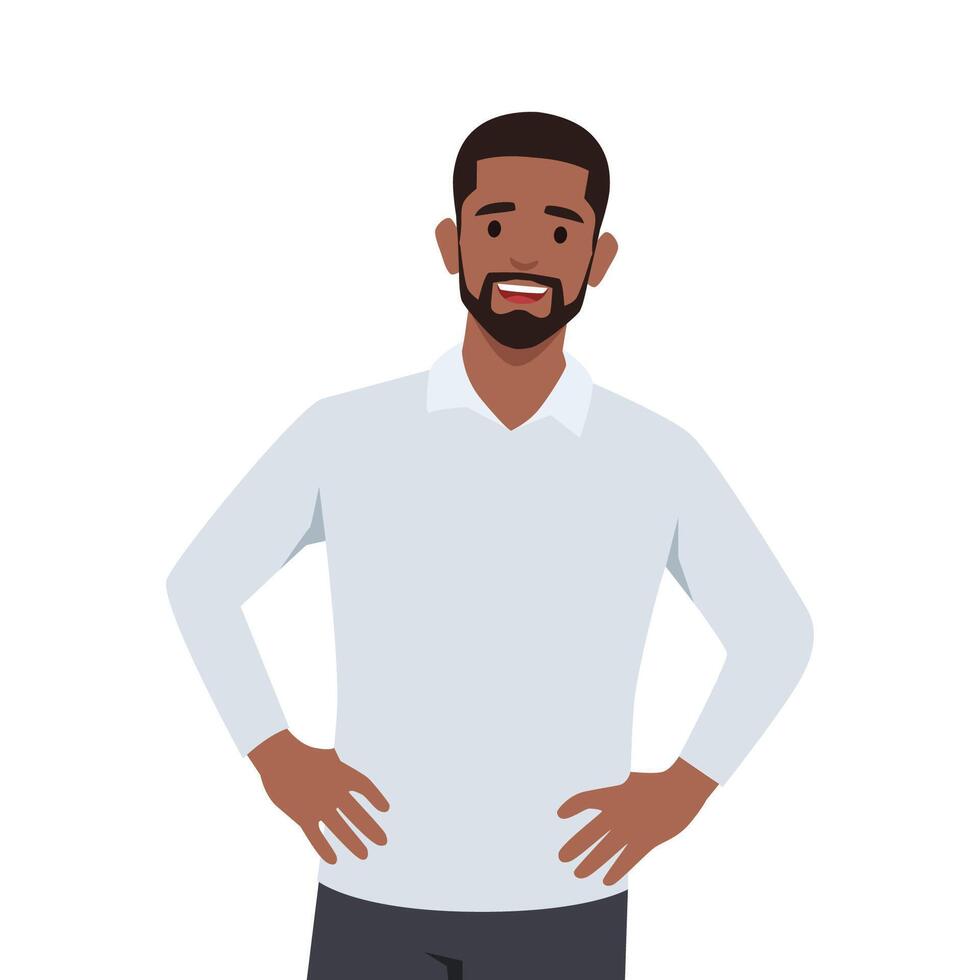 Young Self confident black man stands in a heroic pose. vector
