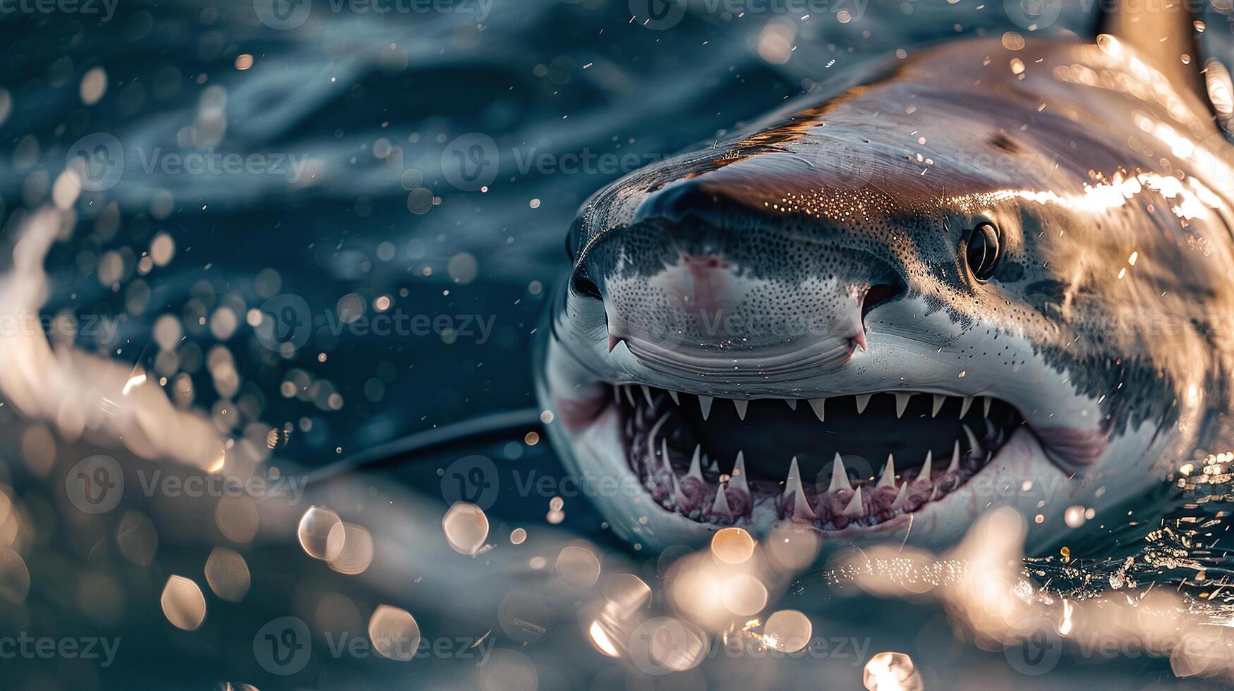 shark in water closeup, underwater predator in ocean wildlife scene photo