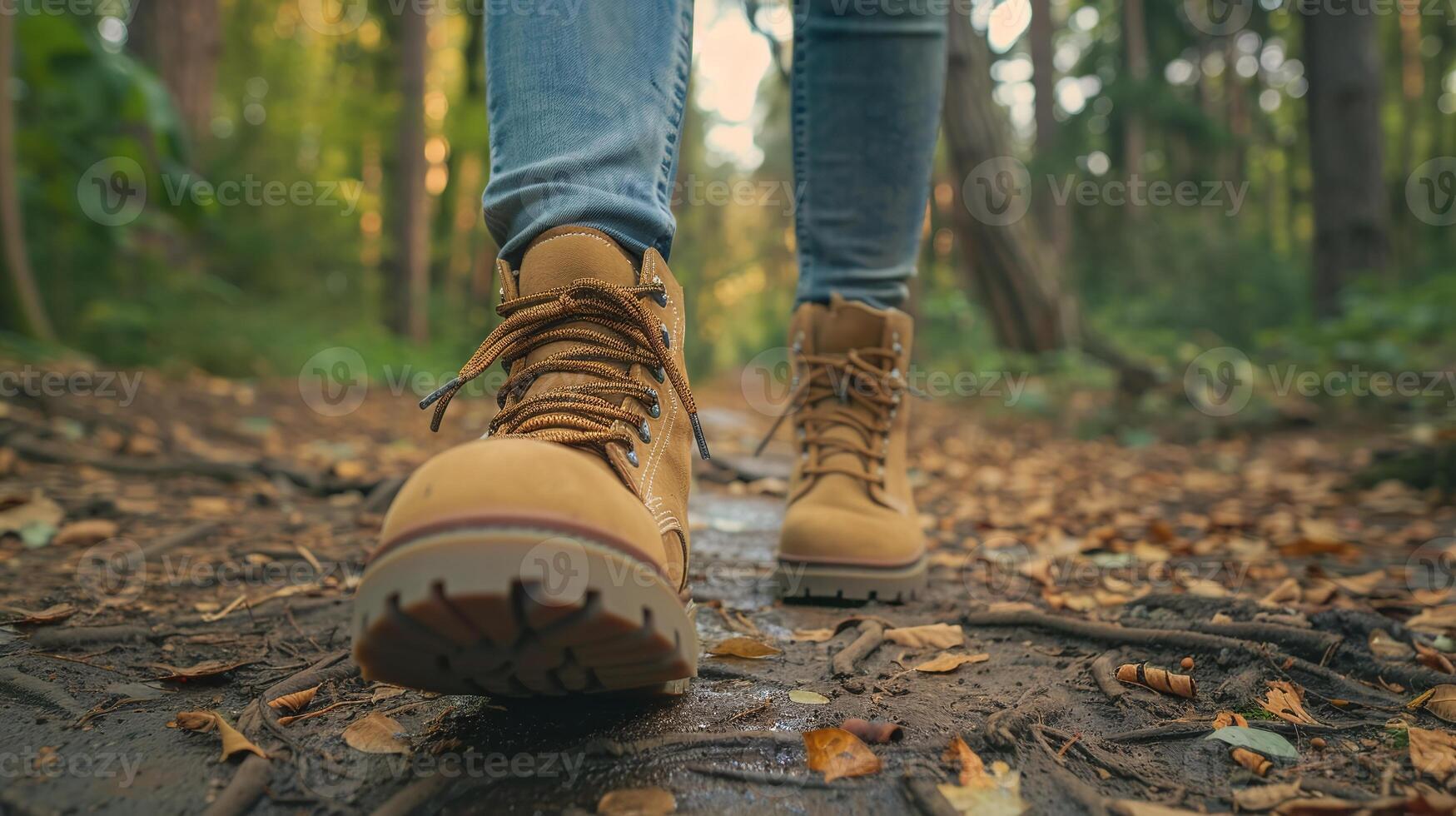Active Lifestyle Scene Close Up of Walking Boots on a Nature Trail photo