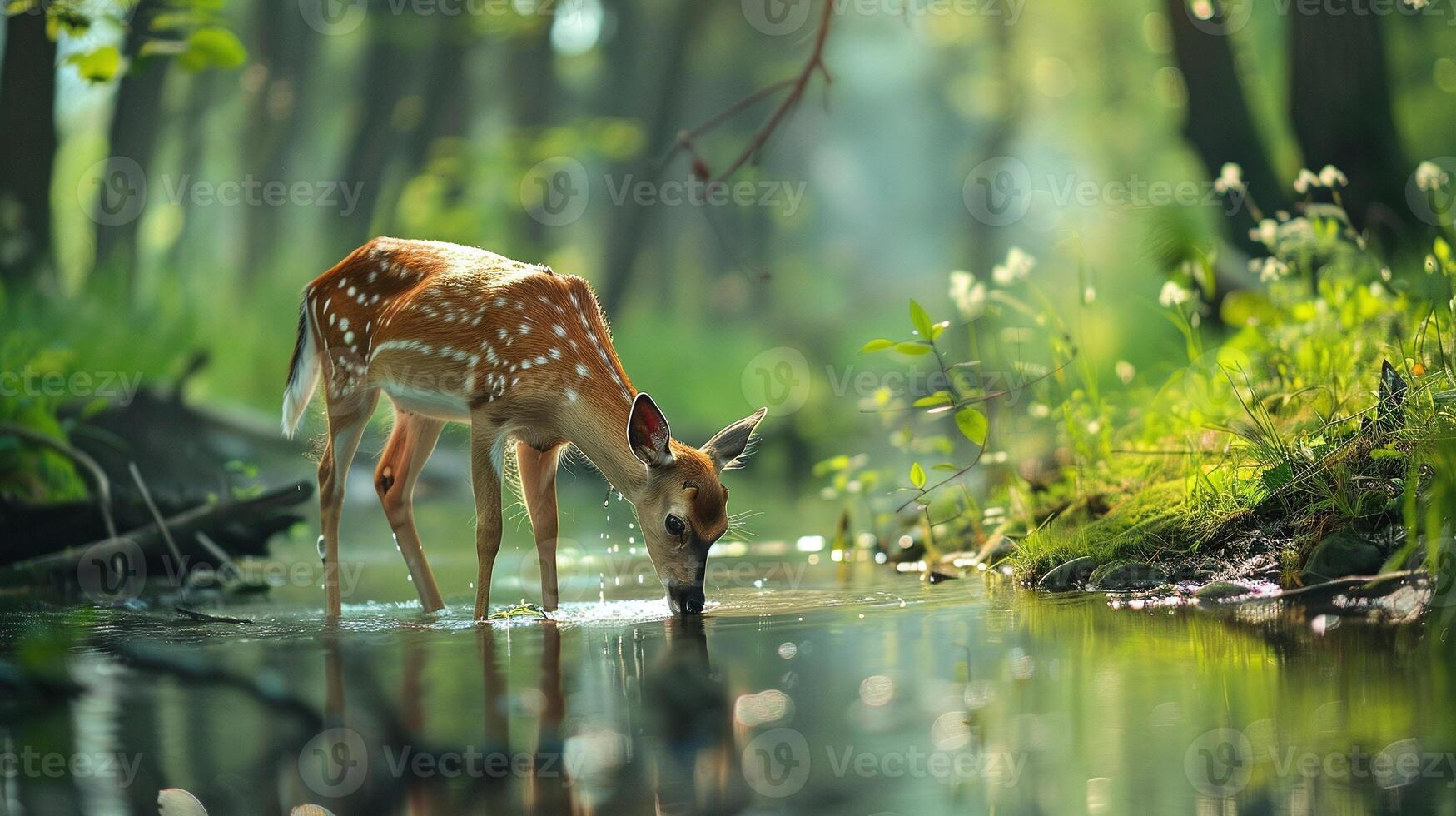 deer drinking water in river in forest, serene wildlife landscape photo