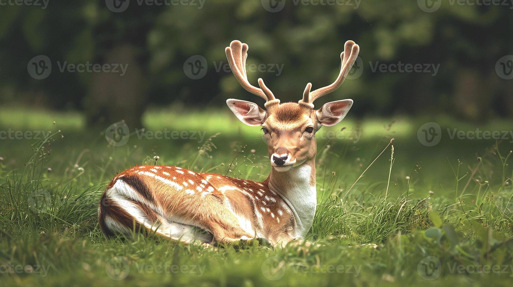 serene deer resting in forest grass, peaceful nature scene photo