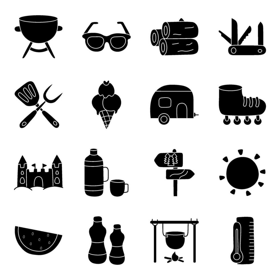 paquete de cámping y verano sólido icono vector