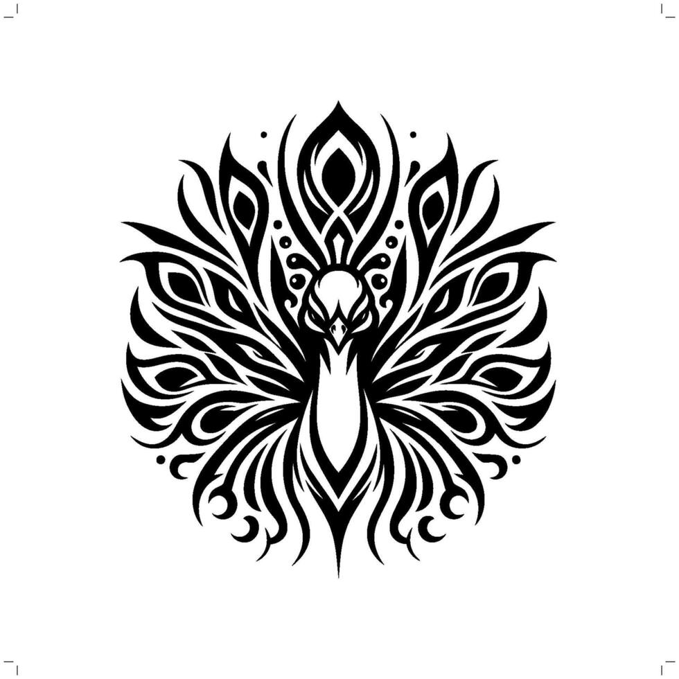 Peacock in modern tribal tattoo, abstract line art of animals, minimalist contour. vector