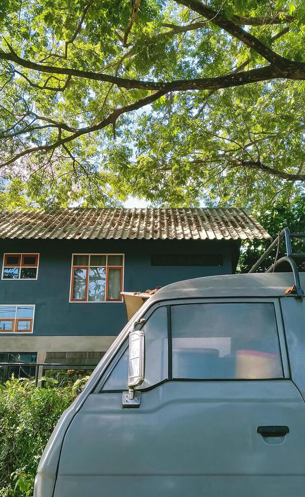 Front side part of the old van parked near green hedge in front of vintage house under the shade of large tree in widescreen vertical frame photo