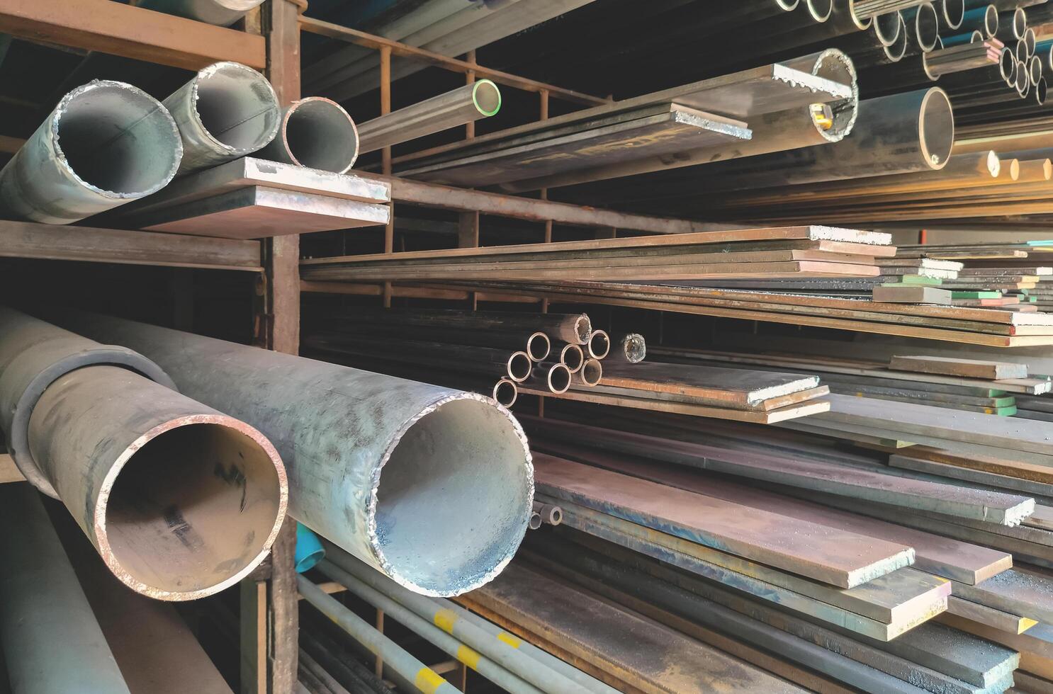 Focus at round steel pipes with various types of metal flat bars stacked on the storage shelf of building materials supply store photo