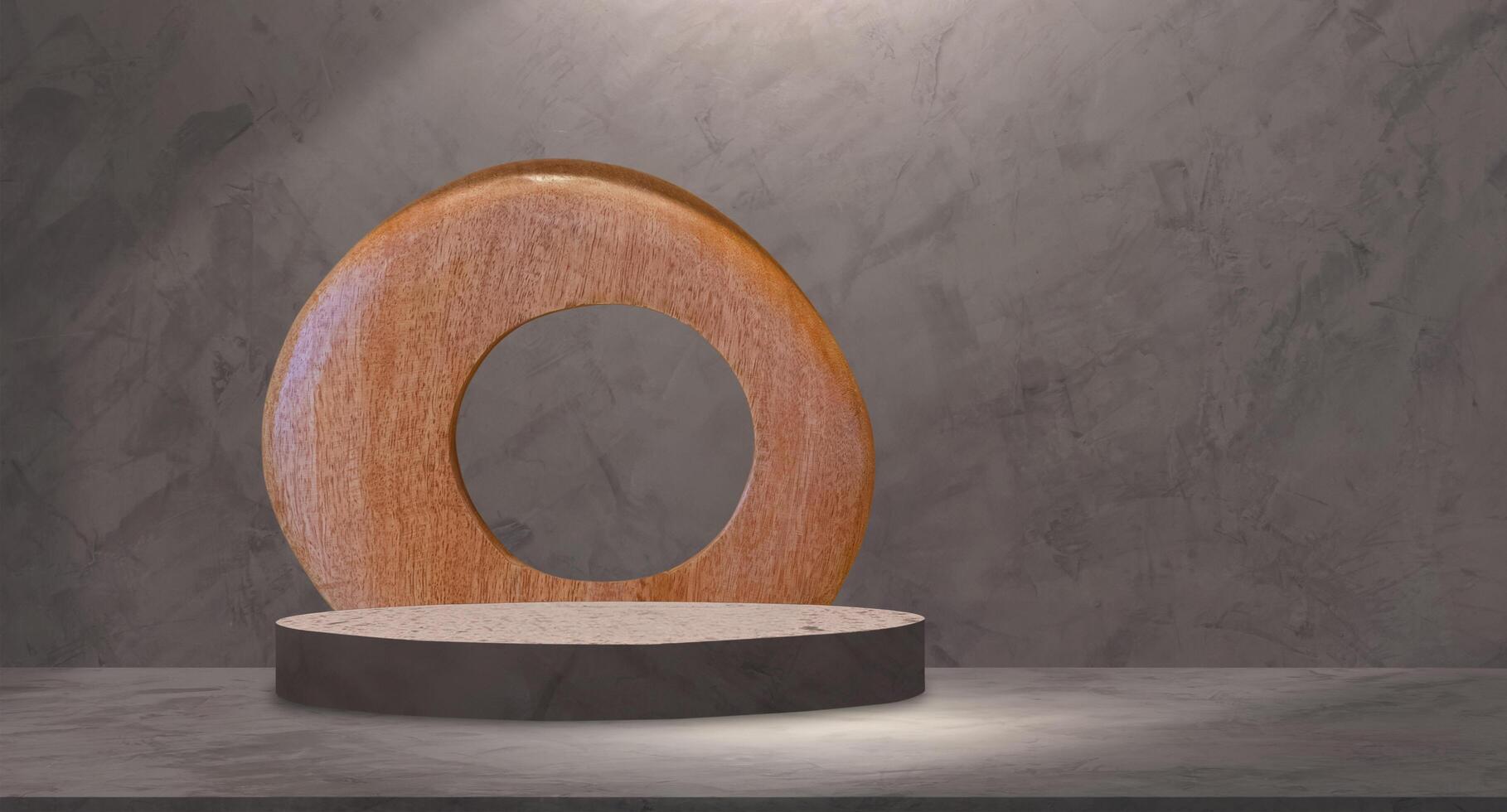 GEmpty round podium with abstract wooden shape on mockup stage cement loft wall room studio backdrop for product display presentation background, illustrationenerated Image photo