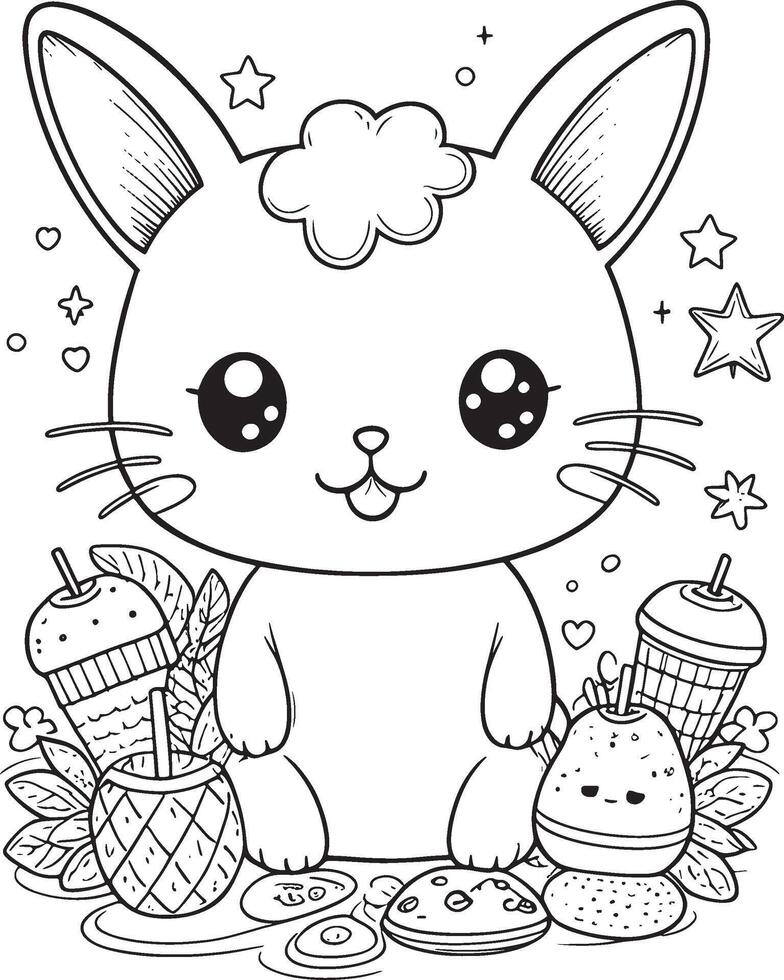 A cute cartoon rabbit is sitting on a table with a variety of food items vector