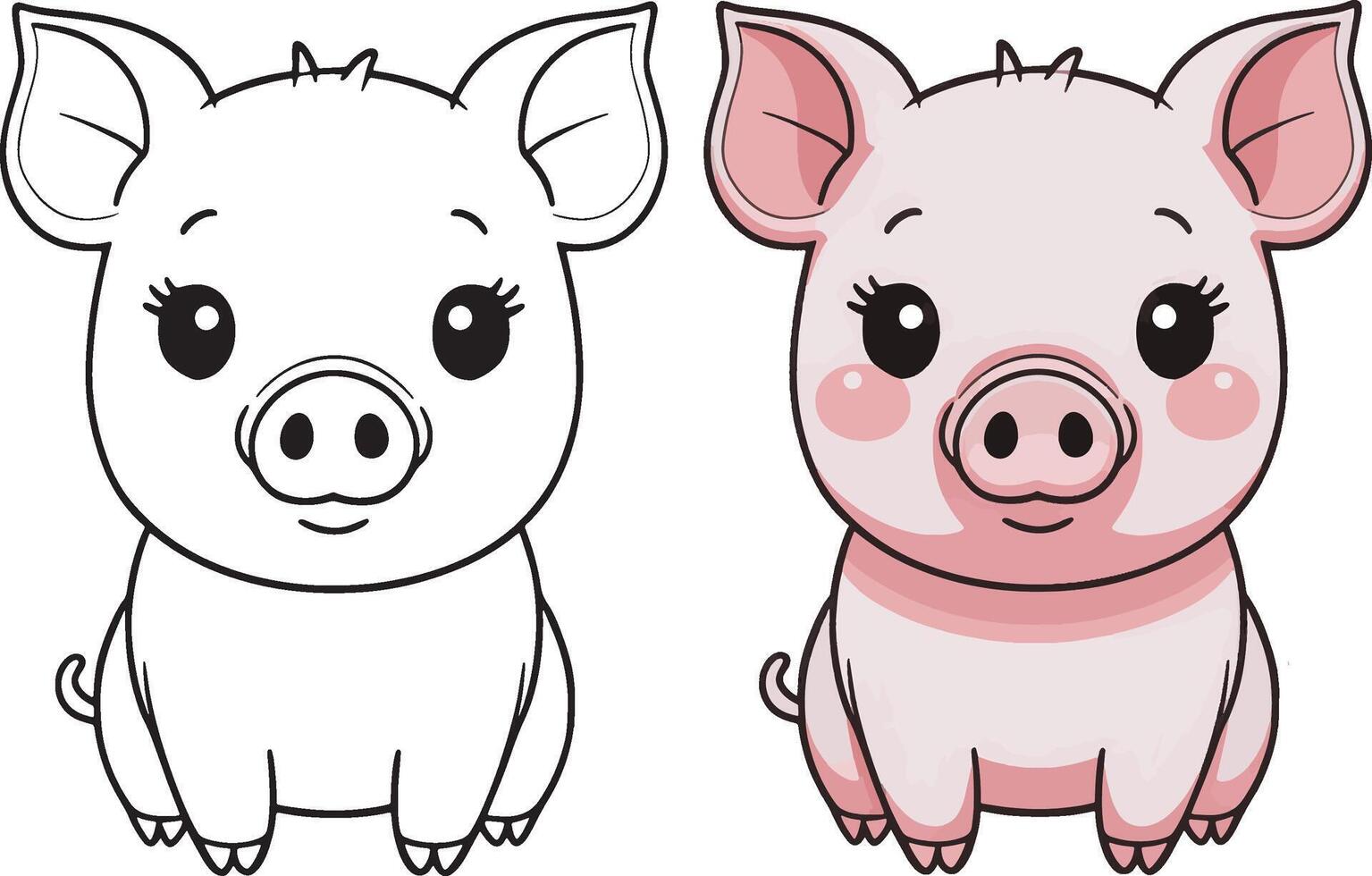 Pig cartoon character, cute lines and colorful coloring pages. vector