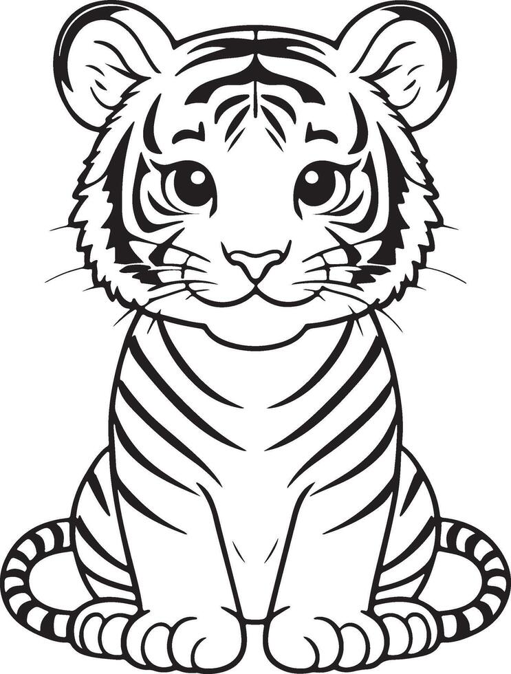 Tigre dibujos animados personaje, linda líneas y vistoso colorante paginas vector