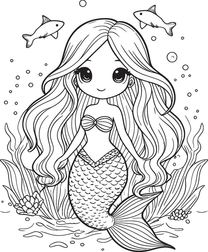Mermaid cartoon character, cute line drawing and colorful coloring page. vector