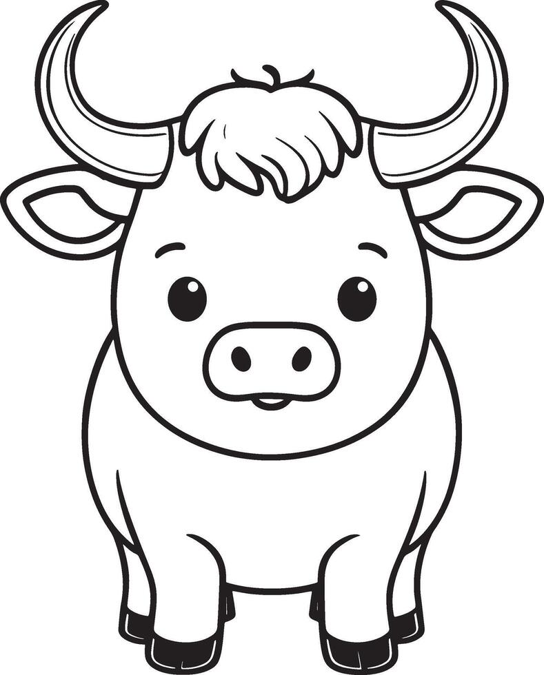 Cute cartoon character buffalo, line drawings and colorful coloring pages. vector