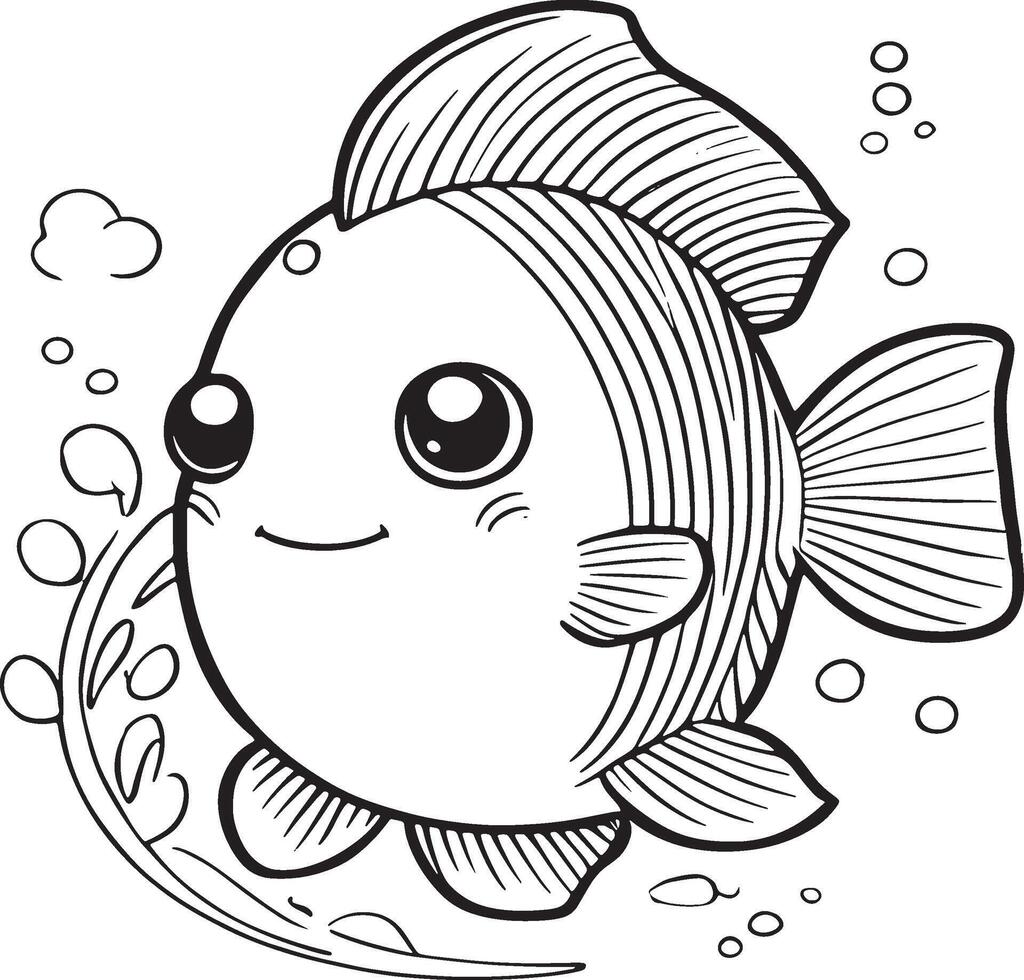 Cute cartoon character fish with lines and colorful coloring pages. vector