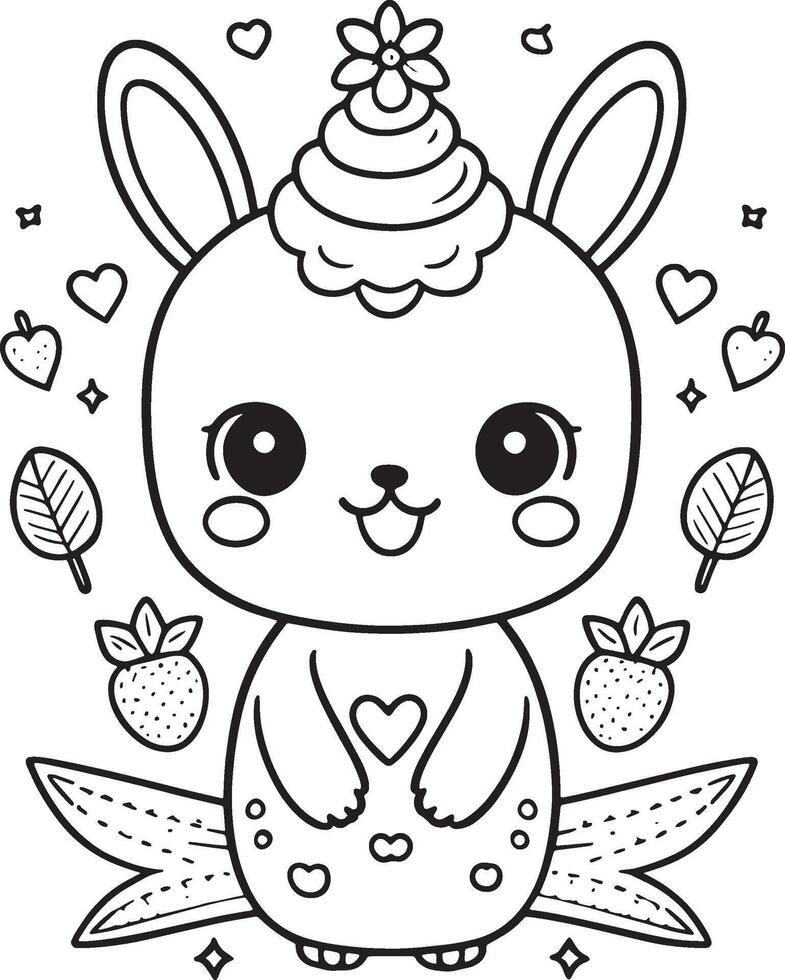 A cute rabbit with a cake on its head and a strawberry on its nose vector