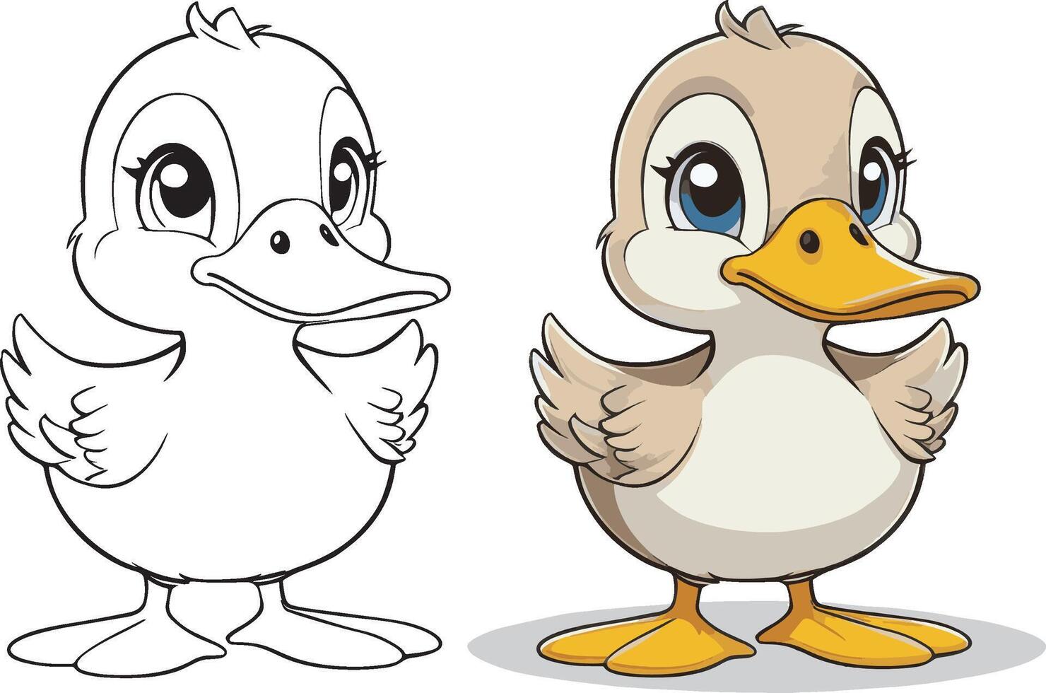 Cute cartoon character duck with lines and colorful coloring pages. vector