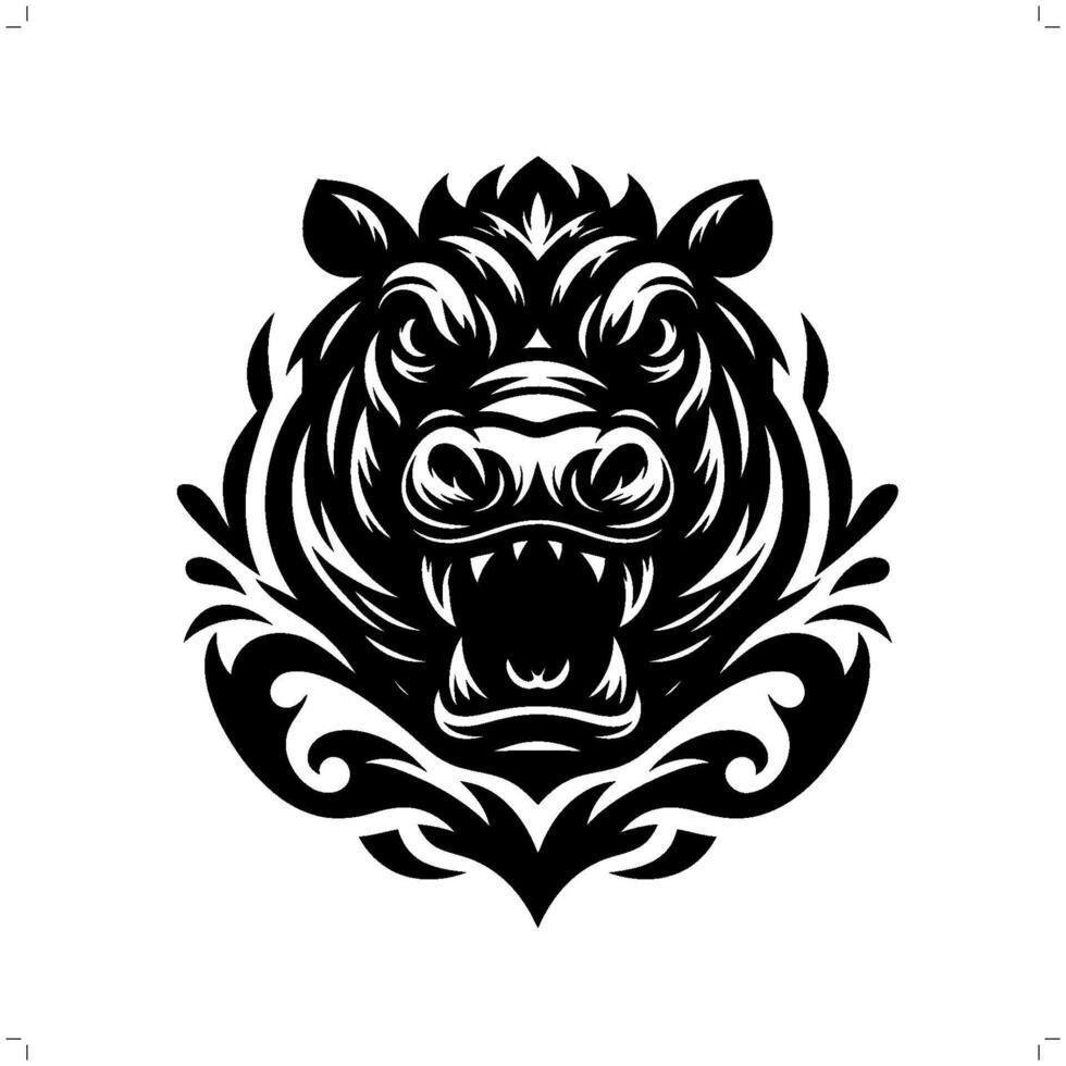 Hippo in modern tribal tattoo, abstract line art of animals, minimalist contour. vector