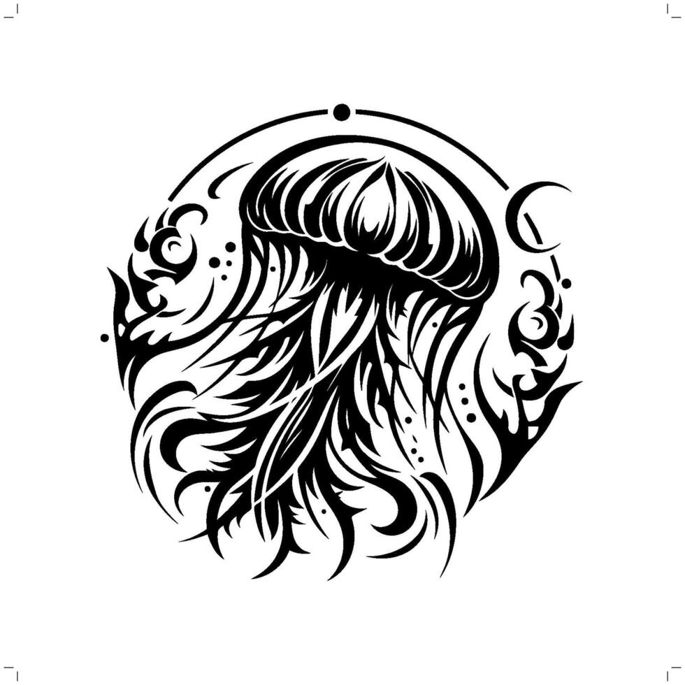 jellyfish in modern tribal tattoo, abstract line art of animals, minimalist contour. vector