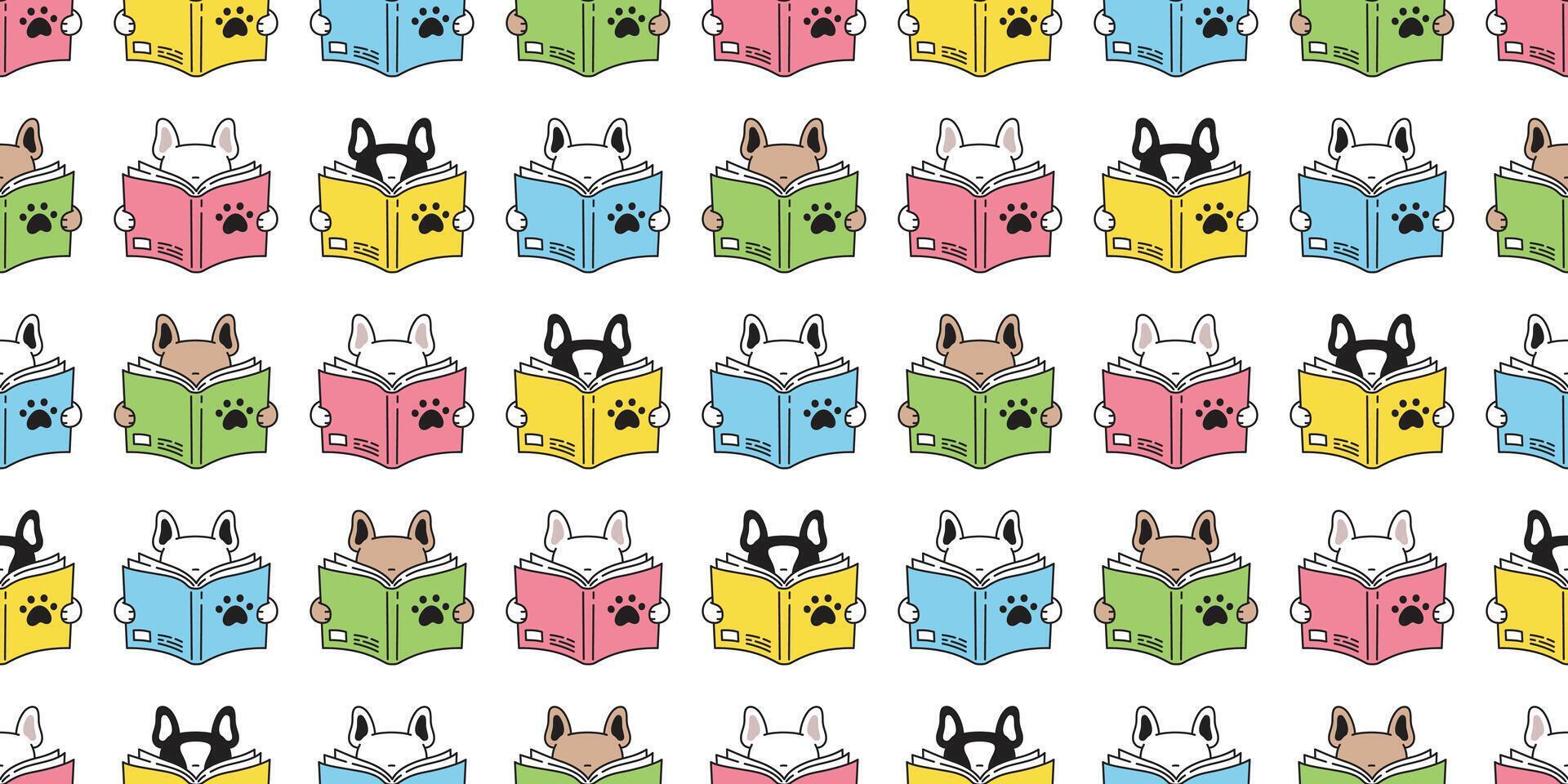 dog seamless pattern french bulldog reading book cartoon scarf isolated repeat wallpaper tile background doodle illustration design vector