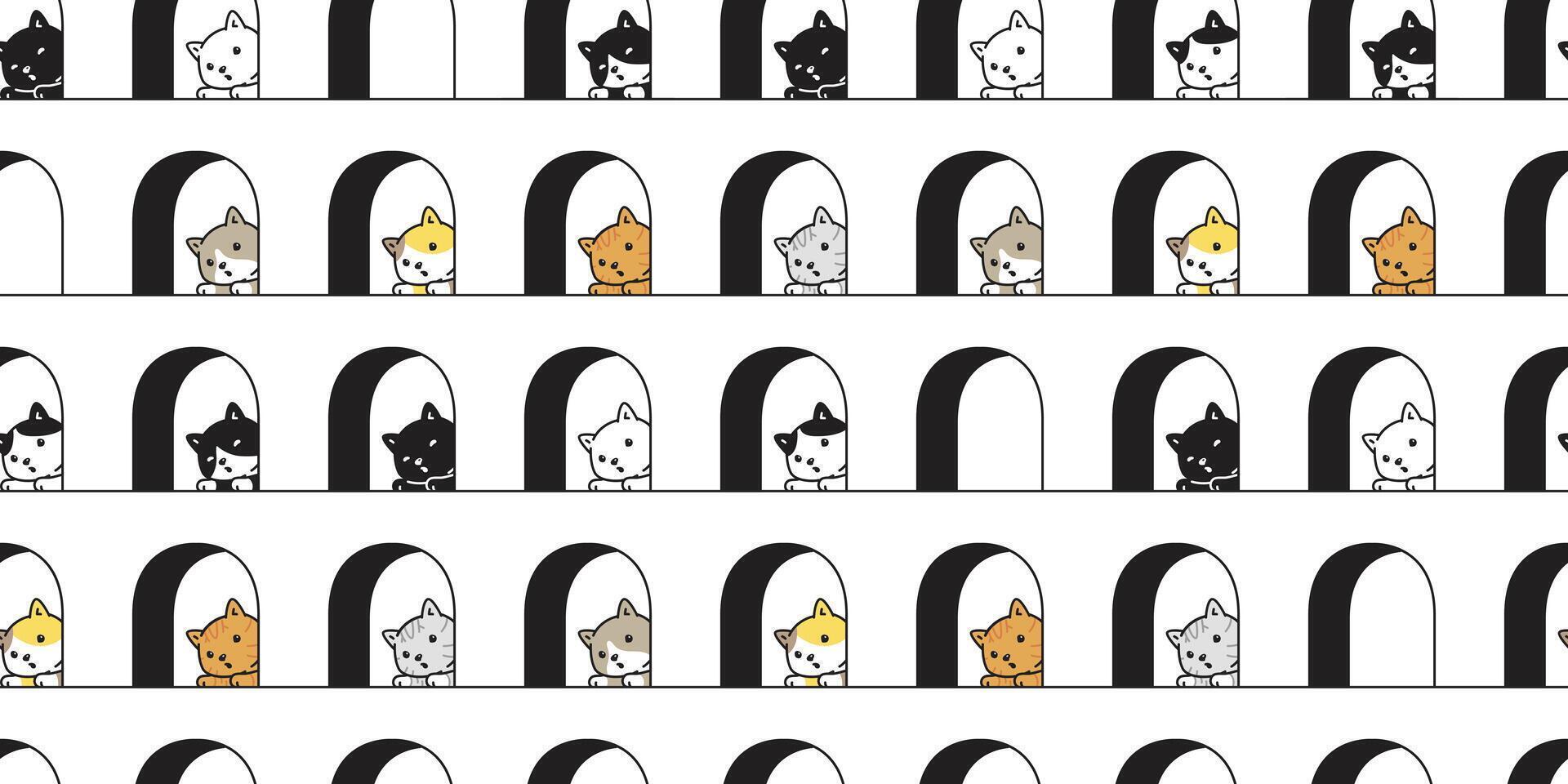 cat seamless pattern kitten calico pet window door house repeat background cartoon animal tile wallpaper scarf isolated illustration doodle design vector