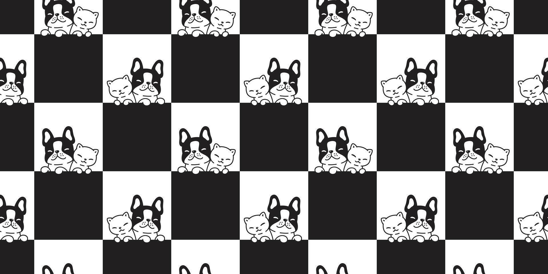 dog cat french bulldog seamless pattern kitten calico pet cartoon checked tile background repeat wallpaper animal scarf isolated illustration design vector
