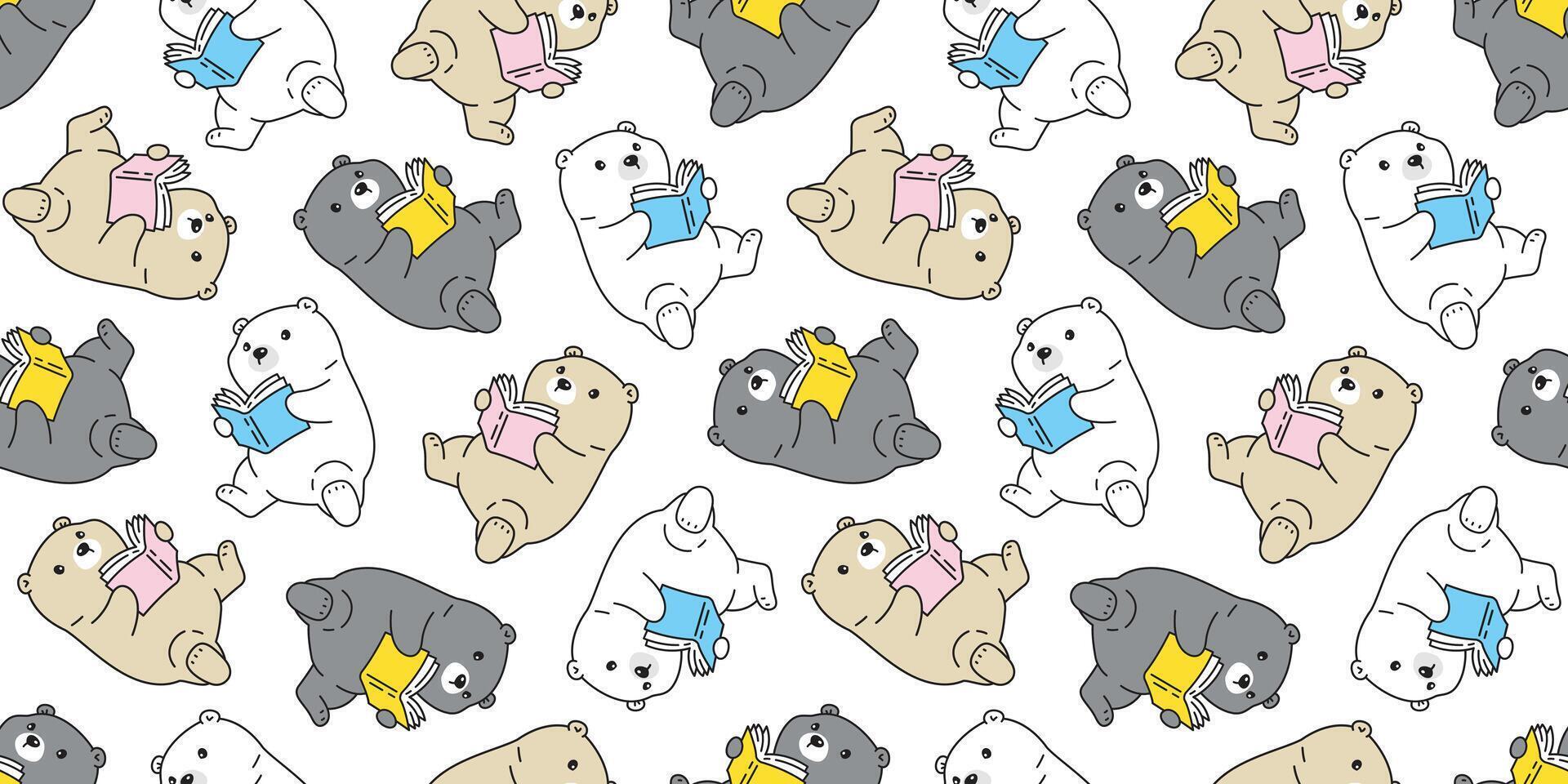 bear seamless pattern polar reading book repeat wallpaper teddy scarf isolated cartoon tile background doodle illustration design vector