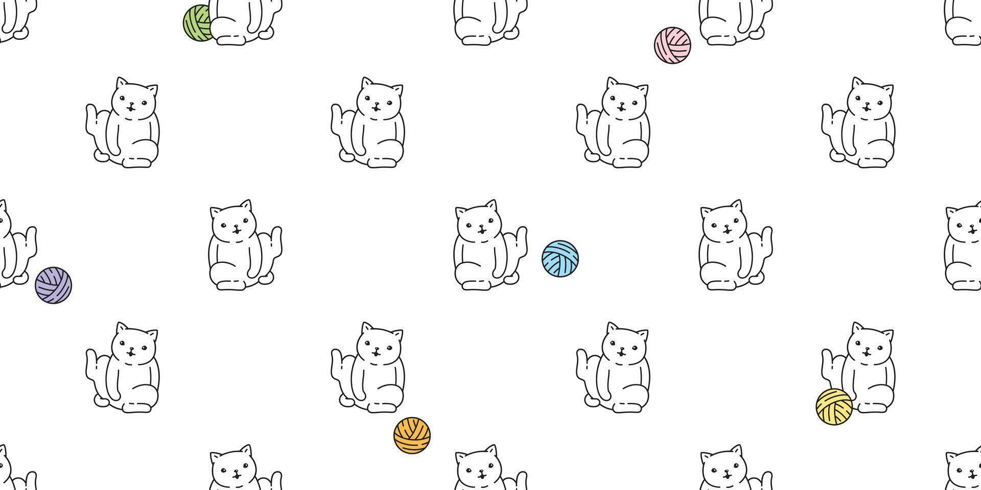 cat seamless pattern kitten calico yarn ball breed pet scarf isolated cartoon animal tile wallpaper repeat background illustration doodle design vector