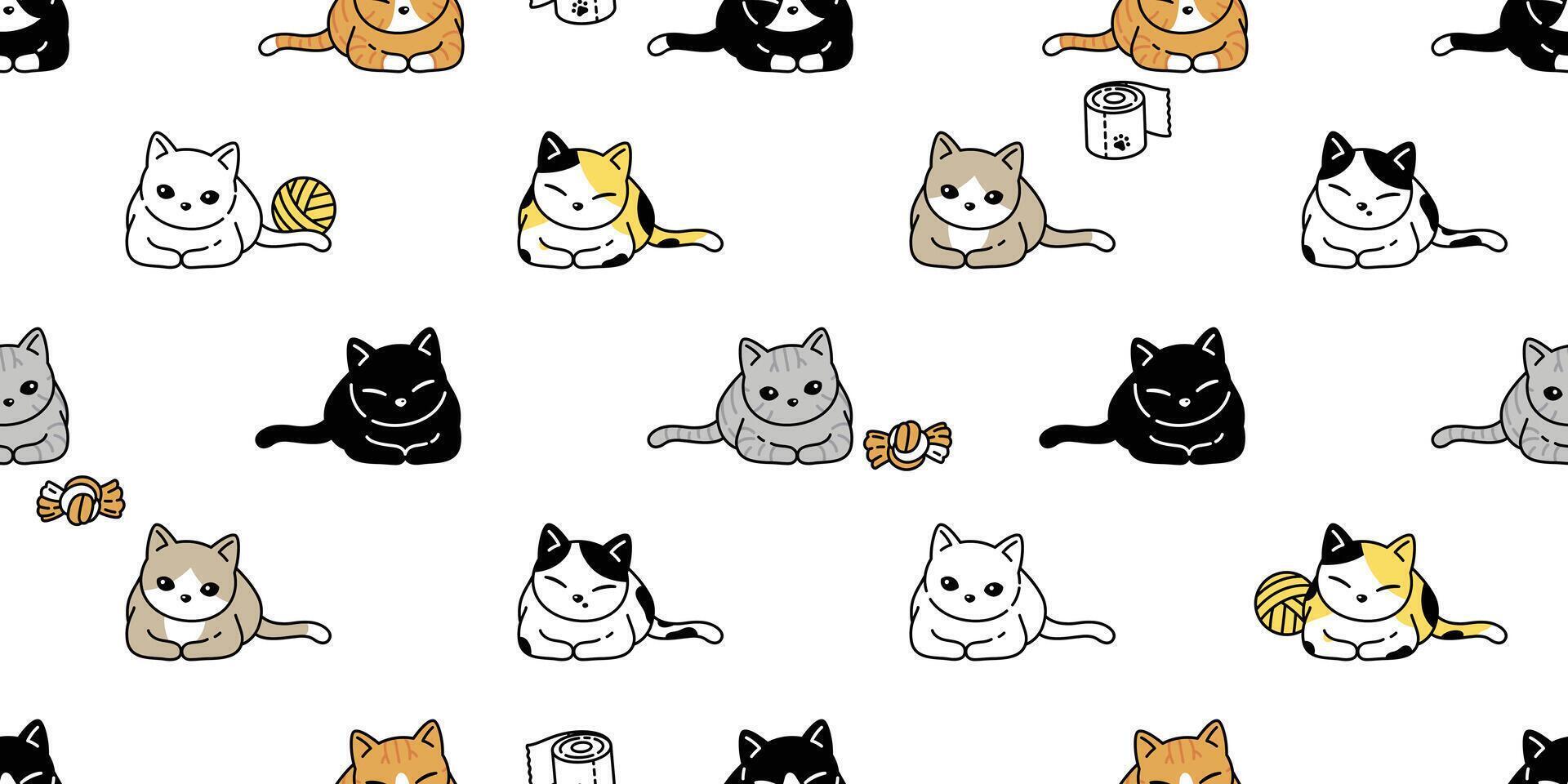 cat seamless pattern kitten calico breed pet toy yarn ball scarf isolated cartoon animal tile wallpaper repeat background illustration doodle design vector