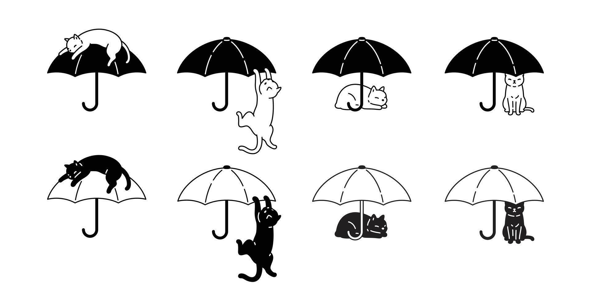 gato paraguas gatito calicó icono logo mascota raza dibujos animados personaje lluvia símbolo garabatear ilustración diseño vector