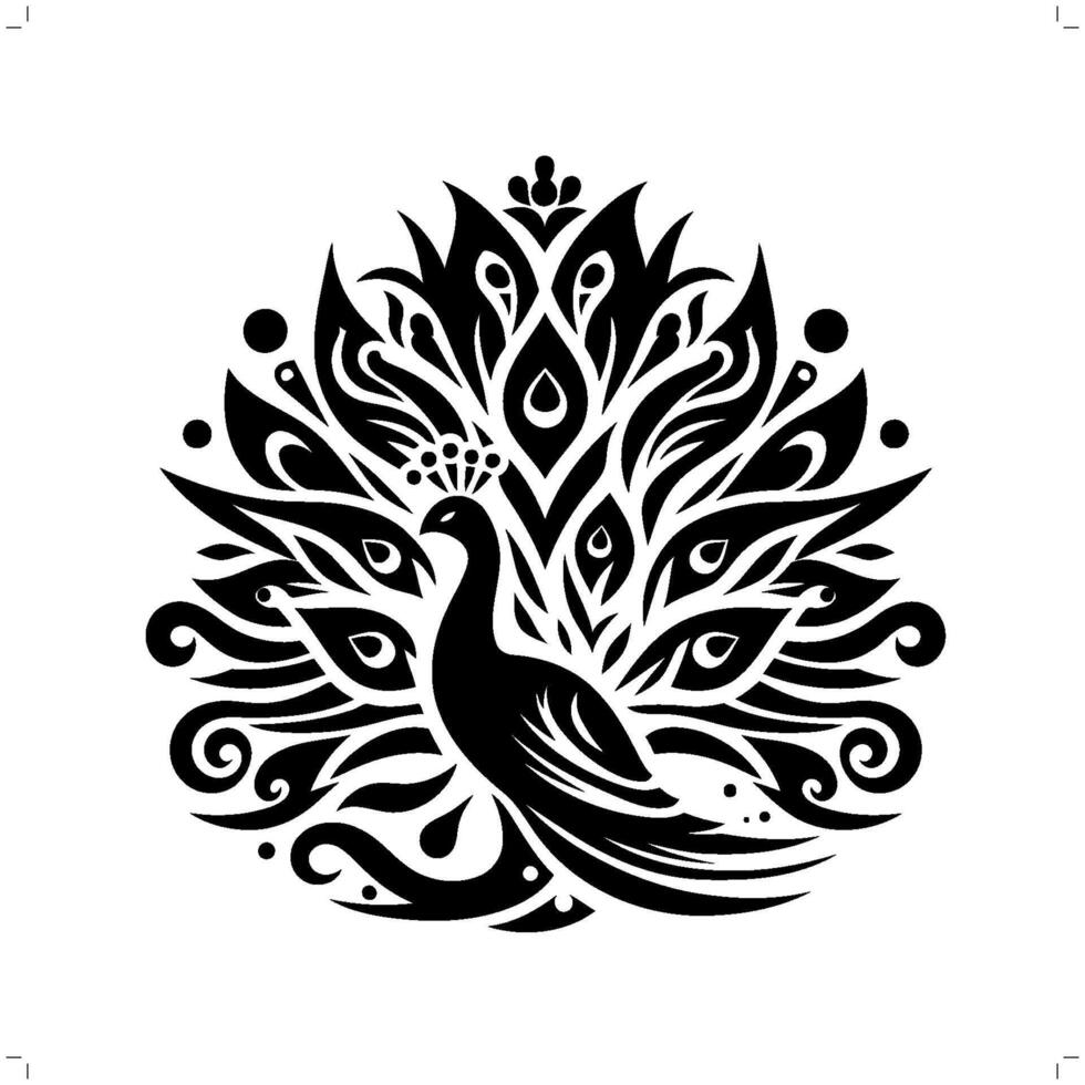Peacock in modern tribal tattoo, abstract line art of animals, minimalist contour. vector