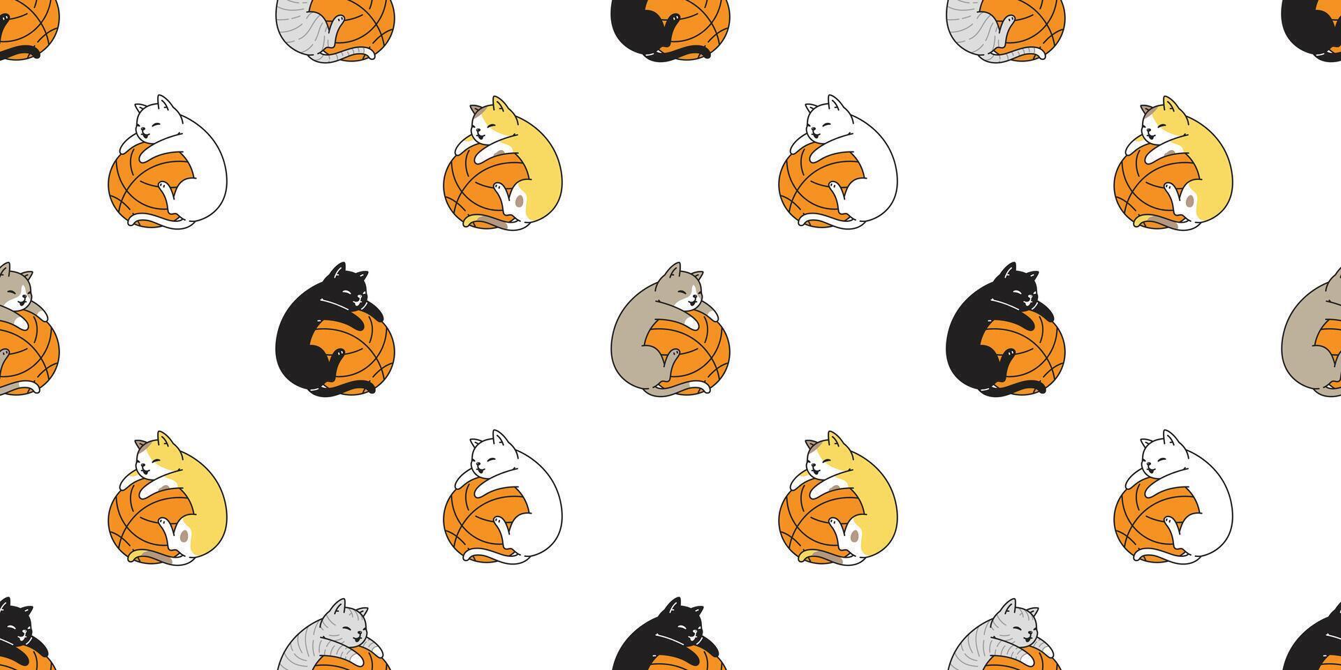 cat seamless pattern basketball kitten calico pet sport scarf isolated repeat background cartoon animal tile wallpaper illustration doodle design vector