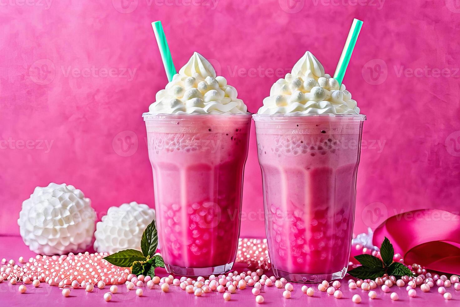 Festive setting with a vibrant pink bubble tea crowned with whipped cream and tapioca pearls. photo