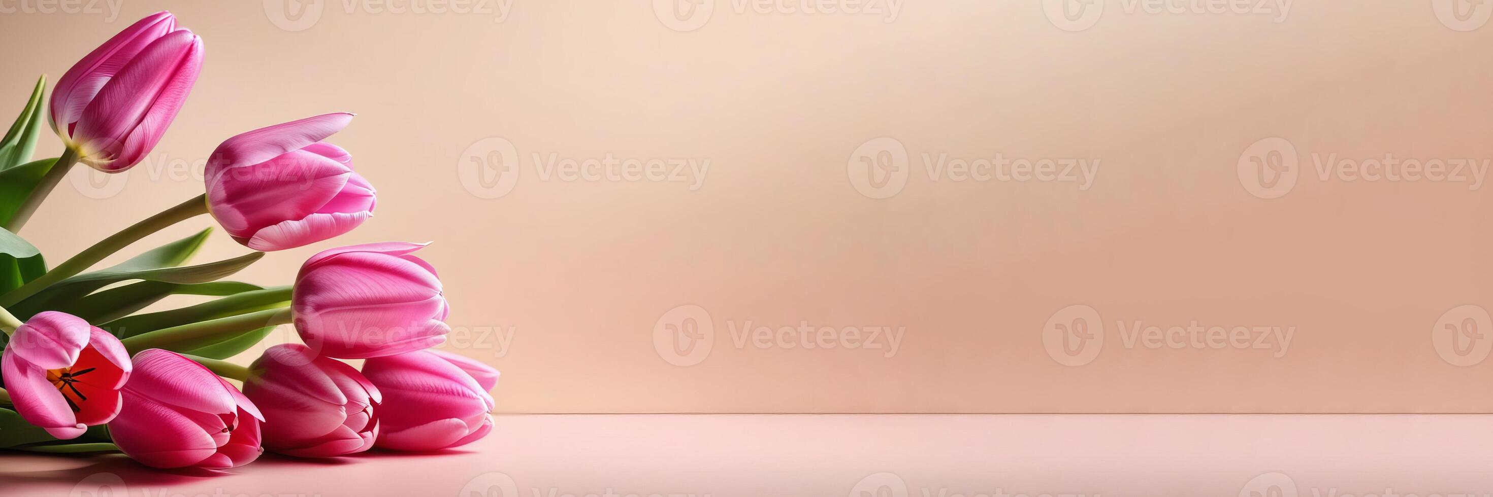 A bouquet of pink tulips on a beige background, an empty space for the text on the right photo