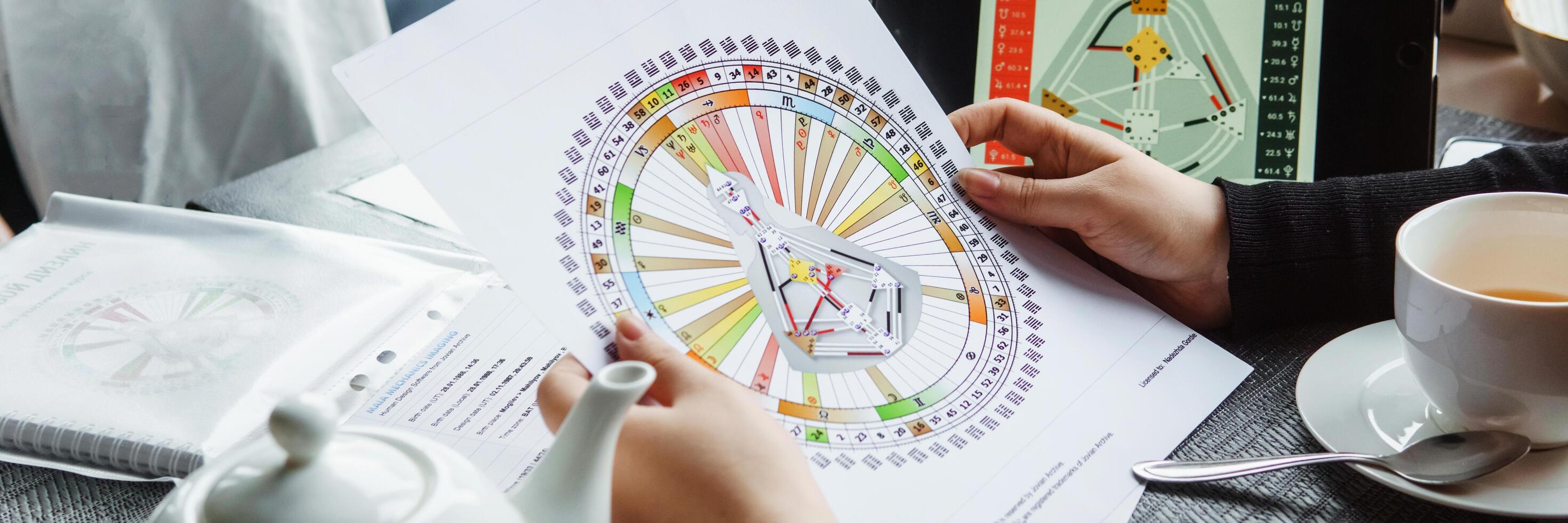 TVER, RUSSIA - FEBRUARY 12, 2023. A woman at the table is studying a rave mandala by human design. Rave mandala on the table close-up. The concept of esoteric teachings. photo